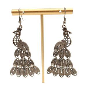 Antiqued Silver Tone Articulated Peacock & Rhinestone Statement Earrings 3"